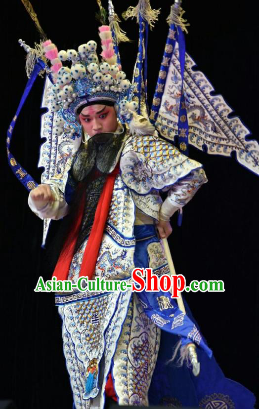 Hu Sanniang Chinese Shanxi Opera Wusheng Apparels Costumes and Headpieces Traditional Jin Opera General Yang Xiong Garment Kao Clothing with Flags