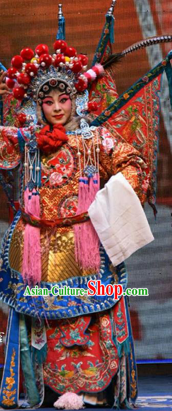Chinese Jin Opera Tao Ma Tan Garment Costumes and Headdress San Guan Dian Shuai Traditional Shanxi Opera Red Dress Female General Mu Guiying Apparels with Flags