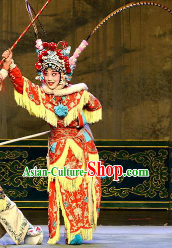 Chinese Jin Opera Swordswoman Garment Costumes and Headdress San Guan Dian Shuai Traditional Shanxi Opera Red Dress Female General Mu Guiying Apparels