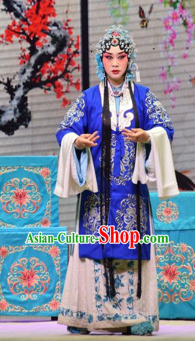 Chinese Jin Opera Young Female Garment Costumes and Headdress Xia He Dong Traditional Shanxi Opera Actress Apparels Mistress Blue Dress