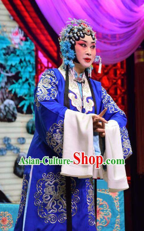 Chinese Jin Opera Young Female Garment Costumes and Headdress Xia He Dong Traditional Shanxi Opera Actress Apparels Mistress Blue Dress