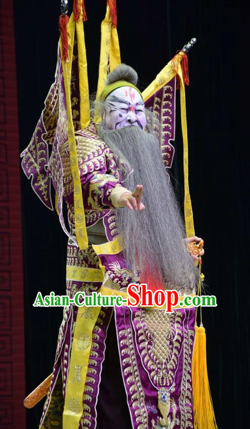 Xia He Dong Chinese Shanxi Opera General Apparels Costumes and Headpieces Traditional Jin Opera Garment Marshal Ouyang Fang Purple Kao Clothing with Flags