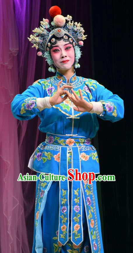 Chinese Jin Opera Female Swordsman Garment Costumes and Headdress Xia He Dong Traditional Shanxi Opera Young Beauty Apparels Wudan Huyan Xiuying Blue Dress