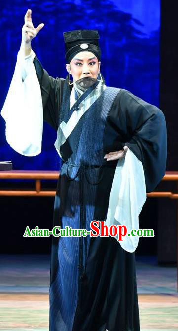 Lan Ke Mountain Chinese Shanxi Opera Elderly Male Apparels Costumes and Headpieces Traditional Jin Opera Laosheng Garment Zhu Maichen Black Clothing