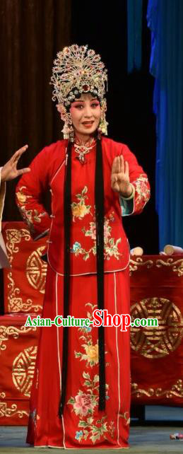 Chinese Jin Opera Hua Tan Garment Costumes and Headdress Fu Gui Tu Traditional Shanxi Opera Young Beauty Red Dress Actress Yin Bilian Apparels