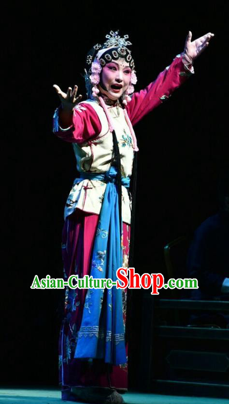 Chinese Jin Opera Servant Girl Garment Costumes and Headdress Hua Tian Cuo Traditional Shanxi Opera Xiaodan Apparels Maid Lady Chun Lan Dress