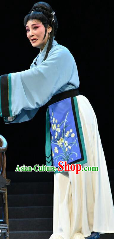 Chinese Jin Opera Country Woman Garment Costumes and Headdress Fan Jin Zhong Ju Traditional Shanxi Opera Young Female Apparels Blue Dress