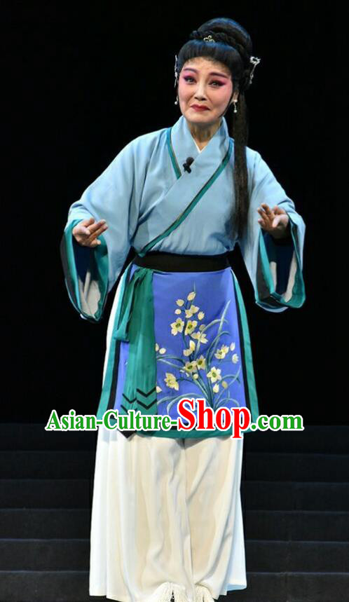 Chinese Jin Opera Country Woman Garment Costumes and Headdress Fan Jin Zhong Ju Traditional Shanxi Opera Young Female Apparels Blue Dress