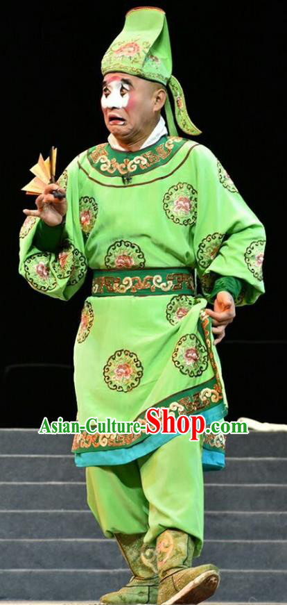 Fan Jin Zhong Ju Chinese Shanxi Opera Swordsman Apparels Costumes and Headpieces Traditional Jin Opera Clown Garment Bully Green Clothing