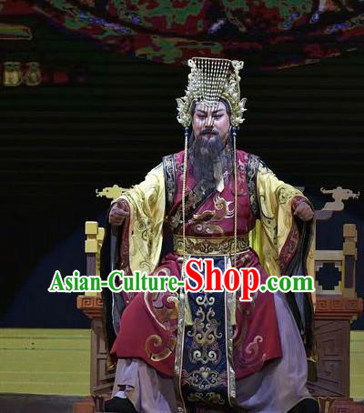 Qing Ming Chinese Shanxi Opera Monarch Apparels Costumes and Headpieces Traditional Jin Opera Lord Garment King of Jin Clothing