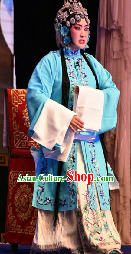 Chinese Jin Opera Diva Li Sanniang Garment Costumes and Headdress Bai Tu Ji Traditional Shanxi Opera Actress Apparels Young Female Blue Dress