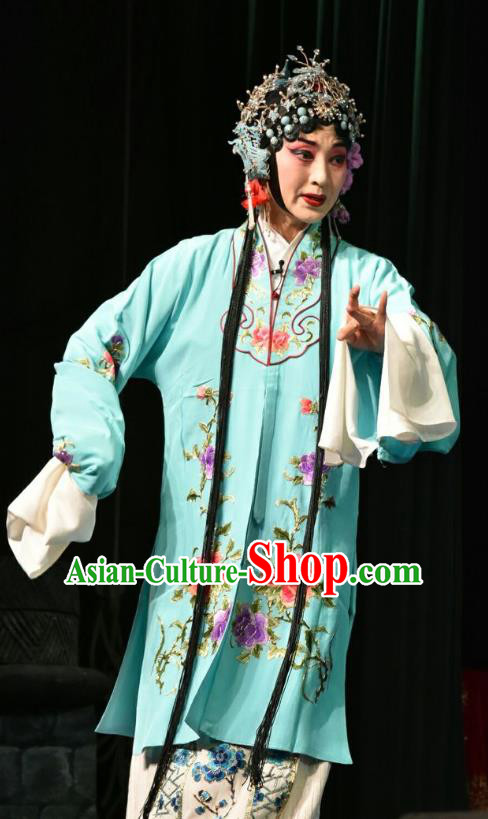 Chinese Jin Opera Young Female Garment Costumes and Headdress Zhao Jintang Traditional Shanxi Opera Actress Apparels Diva Blue Dress