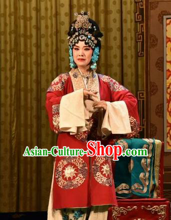 Chinese Jin Opera Hua Tan Garment Costumes and Headdress Yi Pu Zhong Hun Traditional Shanxi Opera Diva Cao Yulian Apparels Young Beauty Red Dress