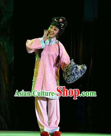 Chinese Jin Opera Village Girl Garment Costumes and Headdress Lian Li Yu Chenglong Traditional Shanxi Opera Young Lady Apparels Country Female Pink Dress