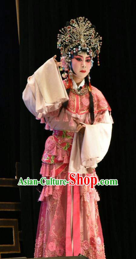 Chinese Jin Opera Young Beauty Garment Costumes and Headdress Tears in Suzhou Traditional Shanxi Opera Rich Lady Apparels Diva Wang Lianjuan Dress