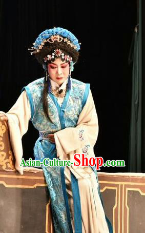 Chinese Jin Opera Distress Maiden Garment Costumes and Headdress Tears in Suzhou Traditional Shanxi Opera Diva Wang Lianjuan Apparels Actress Blue Dress