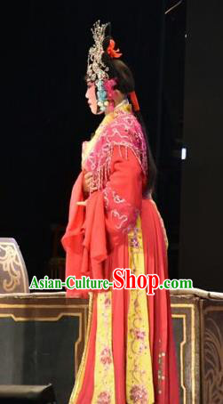 Chinese Jin Opera Young Mistress Garment Costumes and Headdress Tears in Suzhou Traditional Shanxi Opera Dame Jiang Suqin Apparels Actress Red Dress