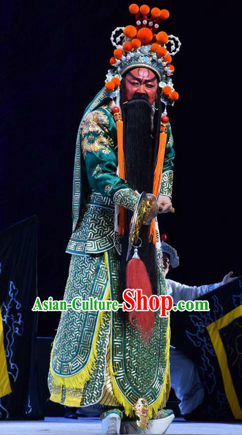 Guan Gong Chinese Shanxi Opera Martial Male Guan Yu Apparels Costumes and Headpieces Traditional Jin Opera General Garment Painted Role Green Armor Clothing