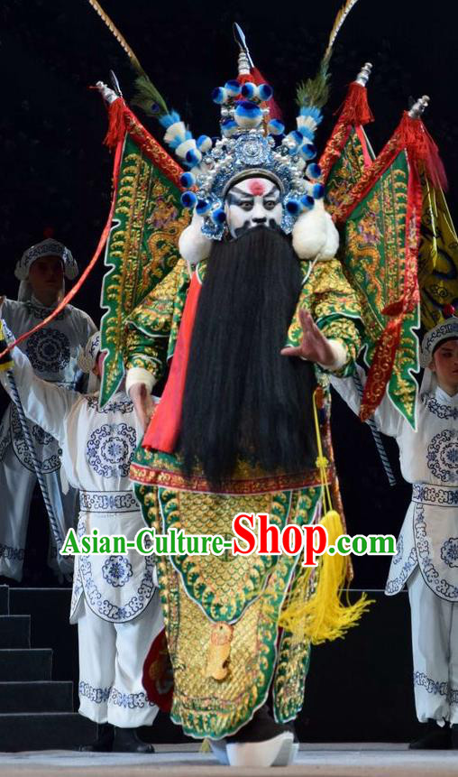 Guan Gong Chinese Shanxi Opera Jing Role Apparels Costumes and Headpieces Traditional Jin Opera General Garment Green Kao Clothing with Flags