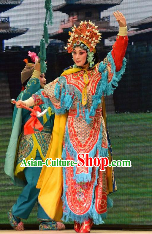 Chinese Jin Opera Martial Female Garment Costumes and Headdress Big Feet Empress Traditional Shanxi Opera Woman Soldier Ma Xiuying Apparels Armor Dress