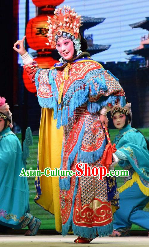Chinese Jin Opera Martial Female Garment Costumes and Headdress Big Feet Empress Traditional Shanxi Opera Woman Soldier Ma Xiuying Apparels Armor Dress