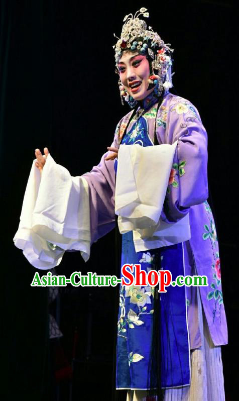 Chinese Jin Opera Young Female Garment Costumes and Headdress The Lotus Lantern Traditional Shanxi Opera Goddess Apparels Country Woman Purple Dress