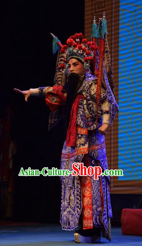 Shou Jiang Wei Chinese Shanxi Opera General Kao Apparels Costumes and Headpieces Traditional Jin Opera Shogun Garment Blue Armor Clothing with Flags