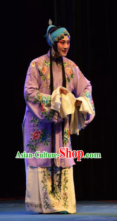 Chinese Jin Opera Actress Garment Costumes and Headdress Shou Jiang Wei Traditional Shanxi Opera Hua Tan Apparels Young Mistress Purple Dress