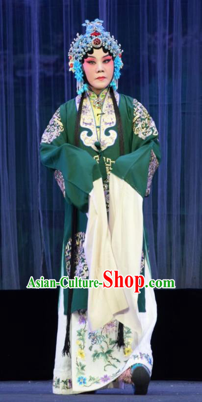 Chinese Jin Opera Young Mistress Garment Costumes and Headdress Mu Guiying Command Traditional Shanxi Opera Actress Apparels Diva Green Dress