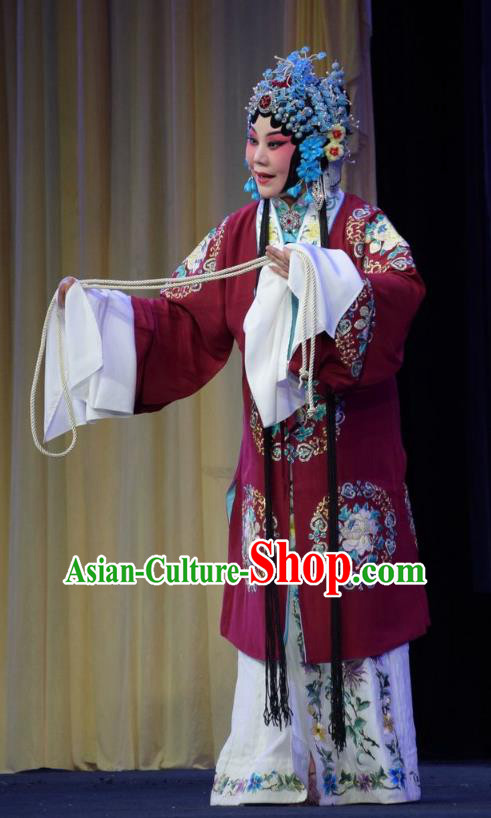 Chinese Jin Opera Diva Garment Costumes and Headdress Mu Guiying Command Traditional Shanxi Opera Actress Apparels Young Mistress Red Dress