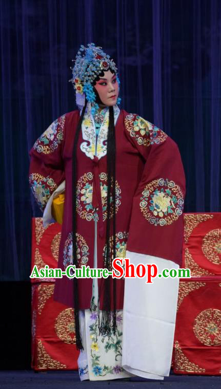 Chinese Jin Opera Diva Garment Costumes and Headdress Mu Guiying Command Traditional Shanxi Opera Actress Apparels Young Mistress Red Dress