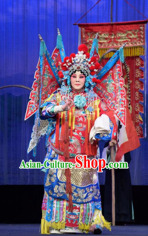 Chinese Jin Opera Tao Ma Tan Garment Costumes and Headdress Mu Guiying Command Traditional Shanxi Opera Blue Apparels Female General Dress with Flags