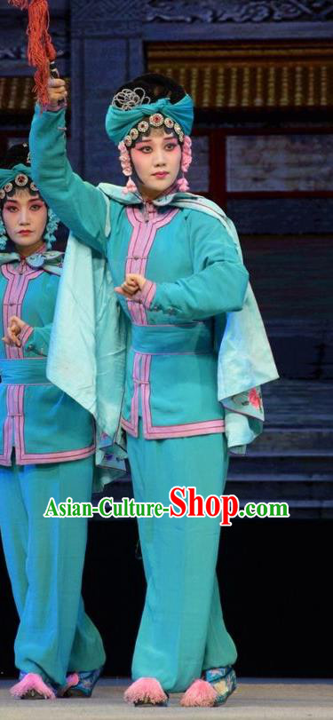 Chinese Jin Opera Wudan Garment Costumes and Headdress Big Feet Empress Traditional Shanxi Opera Martial Female Apparels Figurant Green Dress