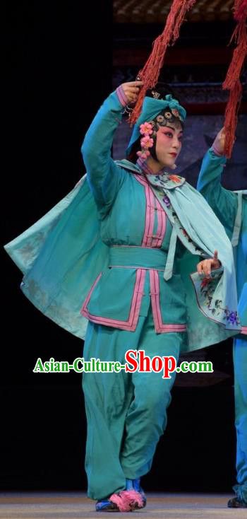 Chinese Jin Opera Wudan Garment Costumes and Headdress Big Feet Empress Traditional Shanxi Opera Martial Female Apparels Figurant Green Dress