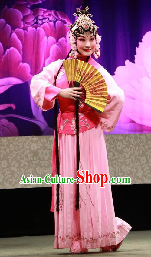 Chinese Jin Opera Xiaodan Garment Costumes and Headdress Hua Tian Wai Zhuan Traditional Shanxi Opera Young Beauty Apparels Maid Lady Chun Lan Dress