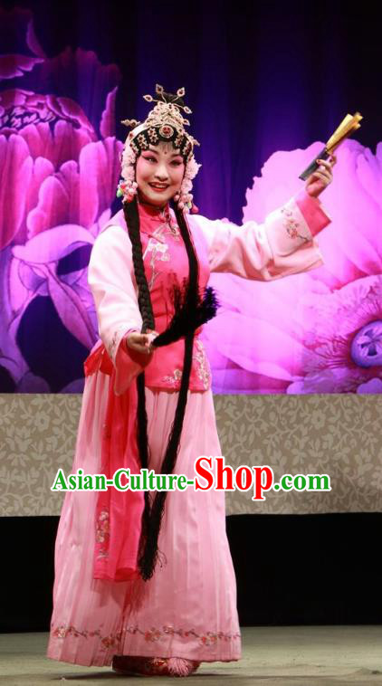 Chinese Jin Opera Xiaodan Garment Costumes and Headdress Hua Tian Wai Zhuan Traditional Shanxi Opera Young Beauty Apparels Maid Lady Chun Lan Dress