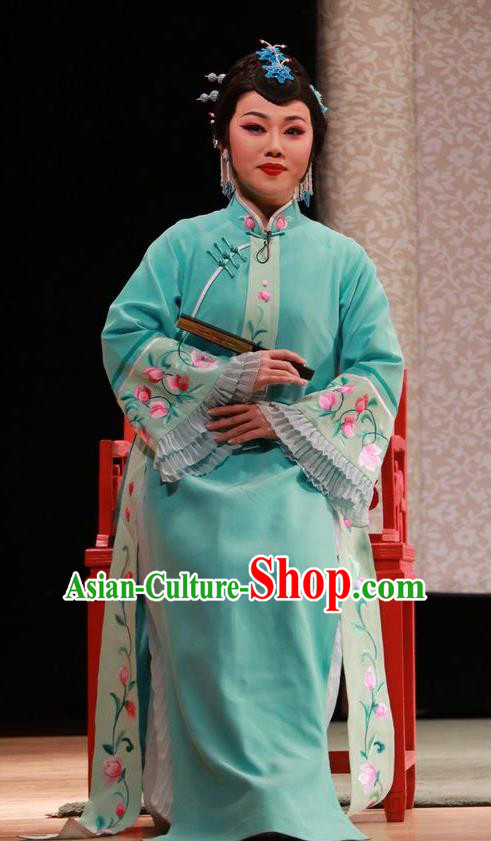Chinese Jin Opera Young Mistress Garment Costumes and Headdress Hua Tian Wai Zhuan Traditional Shanxi Opera Rich Female Apparels Woman Blue Dress