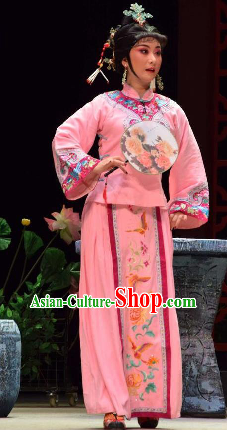 Chinese Jin Opera Rich Lady Garment Costumes and Headdress The Legend of Jin E Traditional Shanxi Opera Young Beauty Apparels Hua Tan Pink Dress