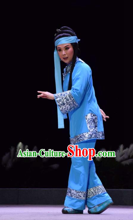 Chinese Jin Opera Distress Female Garment Costumes and Headdress The Legend of Jin E Traditional Shanxi Opera Country Woman Apparels Maid Dress