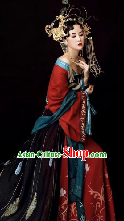 Chinese Historical Drama Ancient Fairy Princess Red Dress Traditional Hanfu Apparels Tang Dynasty Imperial Consort Replica Costumes and Headdress