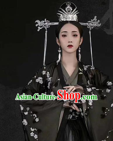 Chinese Ancient Royal Princess Black Dress Traditional Historical Drama Hanfu Apparels Han Dynasty Imperial Concubine Replica Costumes and Headdress Complete Set
