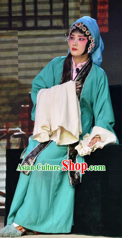Chinese Jin Opera Distress Maiden Qiu Liyu Garment Costumes and Headdress Legend of Leper Traditional Shanxi Opera Young Female Apparels Actress Green Dress