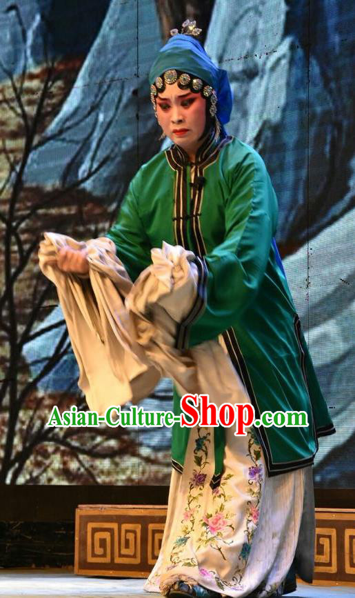 Chinese Jin Opera Young Mistress Garment Costumes and Headdress Shi Zi Jing Feng Traditional Shanxi Opera Hua Tan Apparels Actress Green Dress