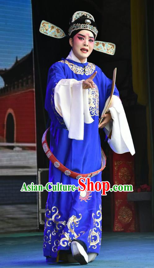 Tiao Kou Chinese Shanxi Opera Young Male Apparels Costumes and Headpieces Traditional Jin Opera Xiaosheng Garment Official Kou Zhun Blue Clothing