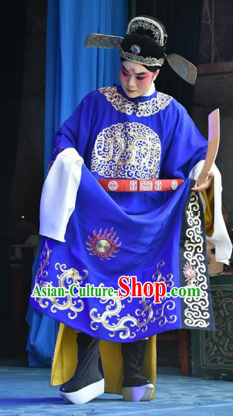 Tiao Kou Chinese Shanxi Opera Young Male Apparels Costumes and Headpieces Traditional Jin Opera Xiaosheng Garment Official Kou Zhun Blue Clothing