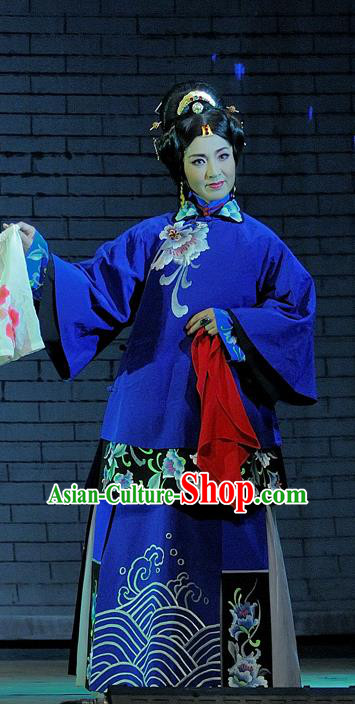 Chinese Jin Opera Young Woman Garment Costumes and Headdress Red Lantern Traditional Shanxi Opera Rich Concubine Apparels Blue Dress