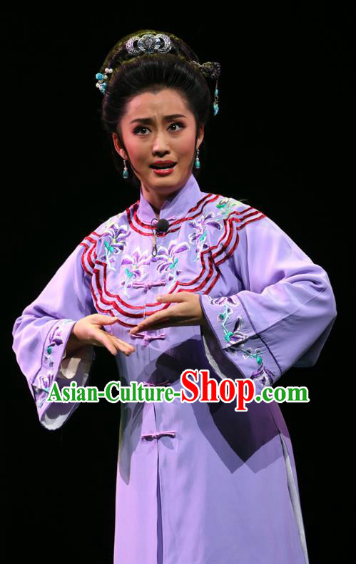 Chinese Shandong Opera Young Mistress Garment Costumes and Headdress You Bai Chuan Traditional Lu Opera Actress Apparels Dame Purple Dress