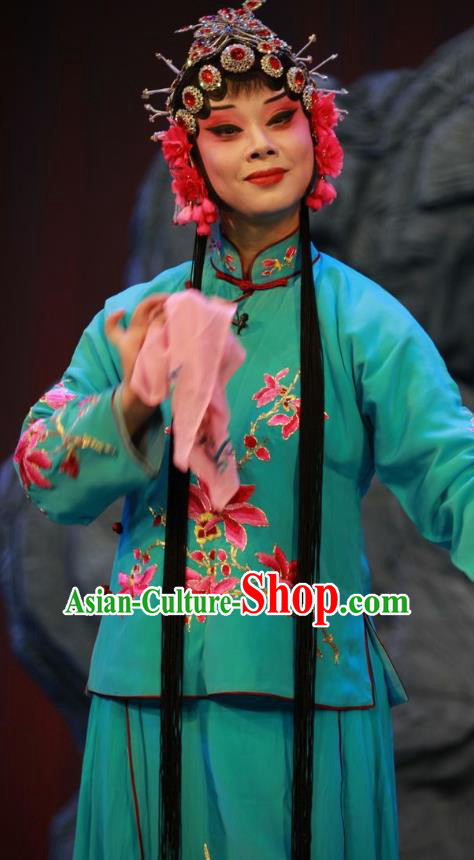 Chinese Shandong Opera Hua Tan Garment Costumes and Headdress Zi Mei Yi Jia Traditional Lu Opera Diva Apparels Actress Zhang Sumei Green Dress