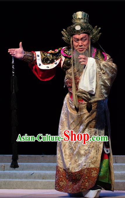 Hua Long Dian Jing Chinese Lu Opera Elderly Man Chang He Apparels Costumes and Headpieces Traditional Shandong Opera Laosheng Garment General Clothing