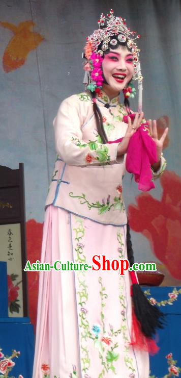 Chinese Henan Opera Hua Tan Gao Qiufang Garment Costumes and Headdress Feng Xue Pei Traditional Qu Opera Rich Lady Apparels Diva Pink Dress